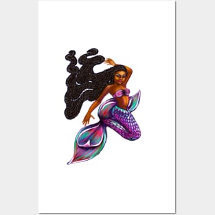 mermaid with flowing braids, brown eyes curly Afro hair and caramel brown skin. Black mermaid Posters and Art